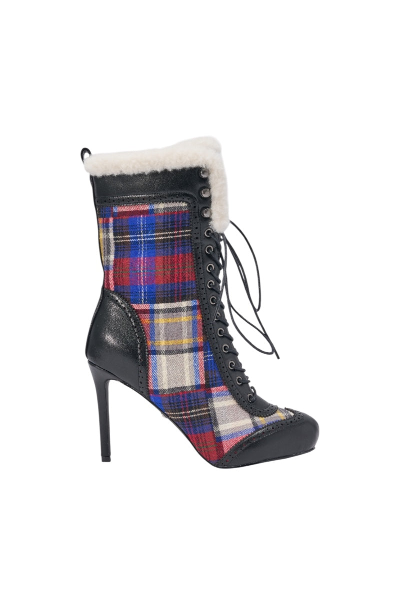 AZALEA WANG CLAUDIA PLAID MULTI STILETTO BOOTIE WITH SHERPA LINING