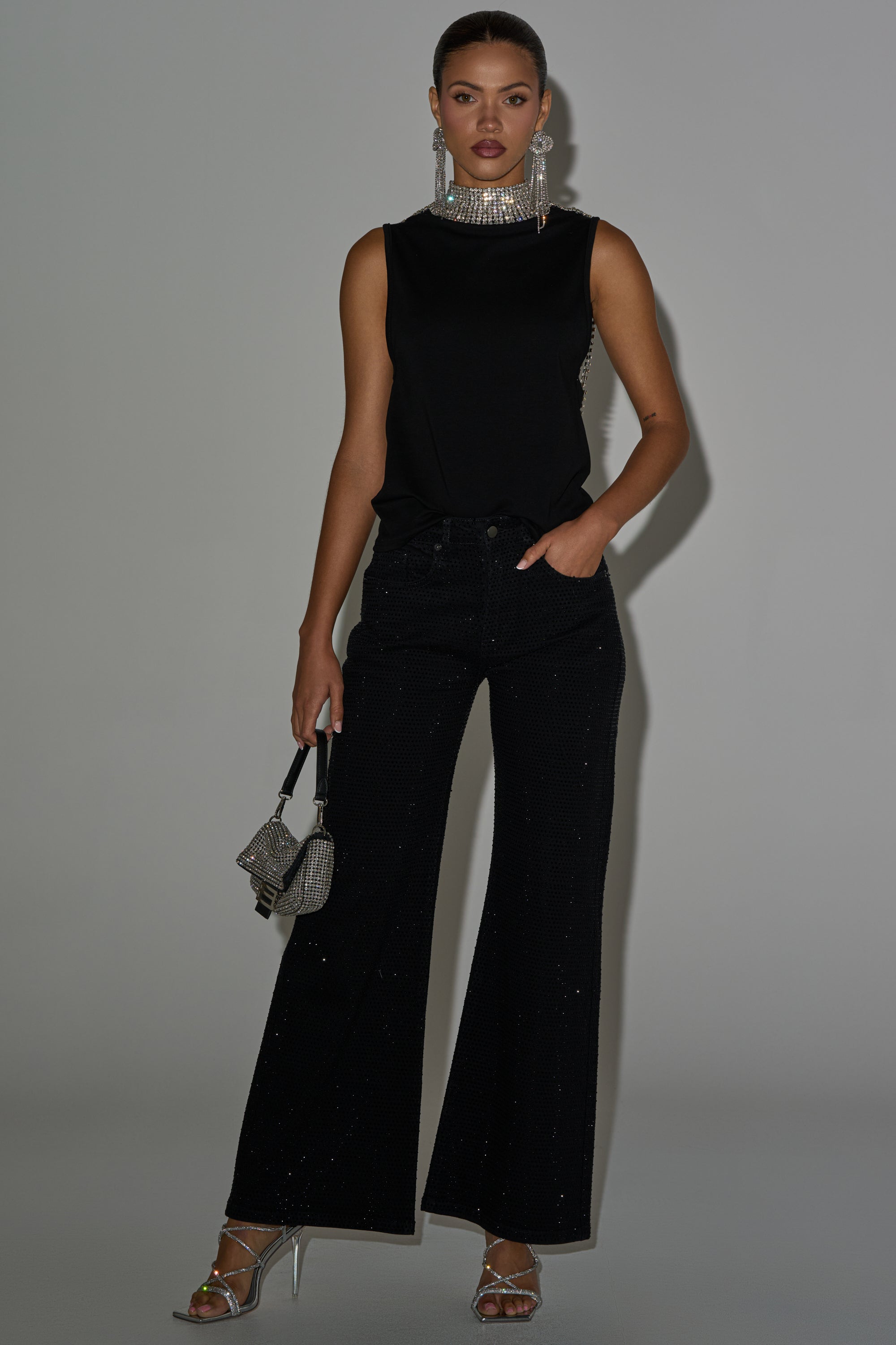 ONE OF ONE RHINESTONE SLEEVELESS TEE IN BLACK
