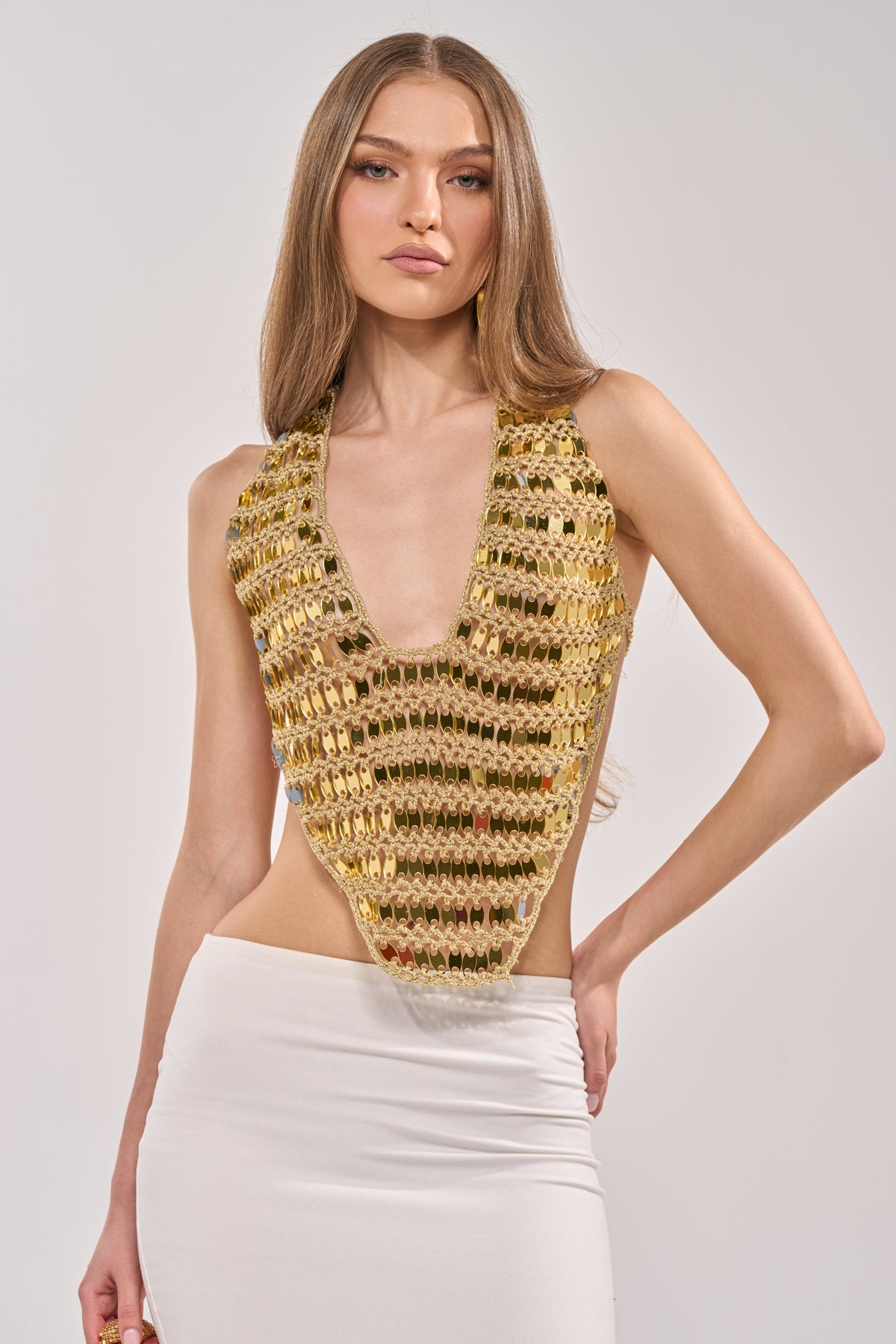 GOLDEN GIRL CROCHET SEQUIN TOP