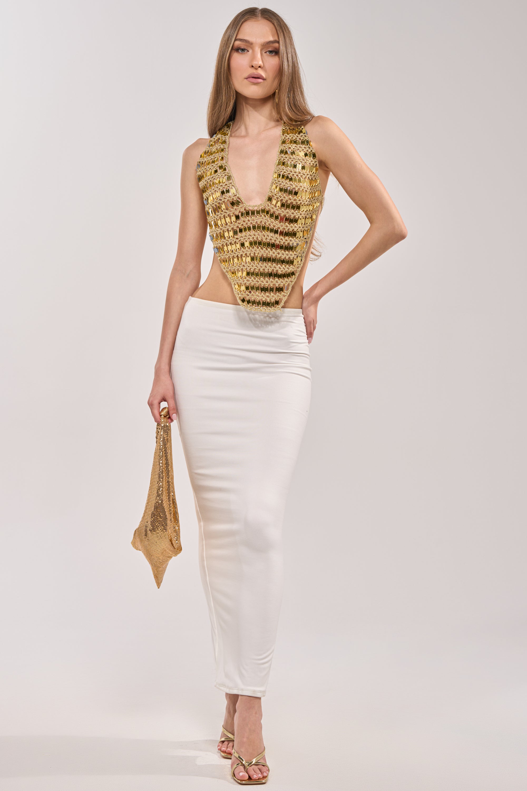 GOLDEN GIRL CROCHET SEQUIN TOP