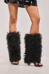 AZALEA WANG CLOUD NINE BLACK FUR OPEN TOE BOOT