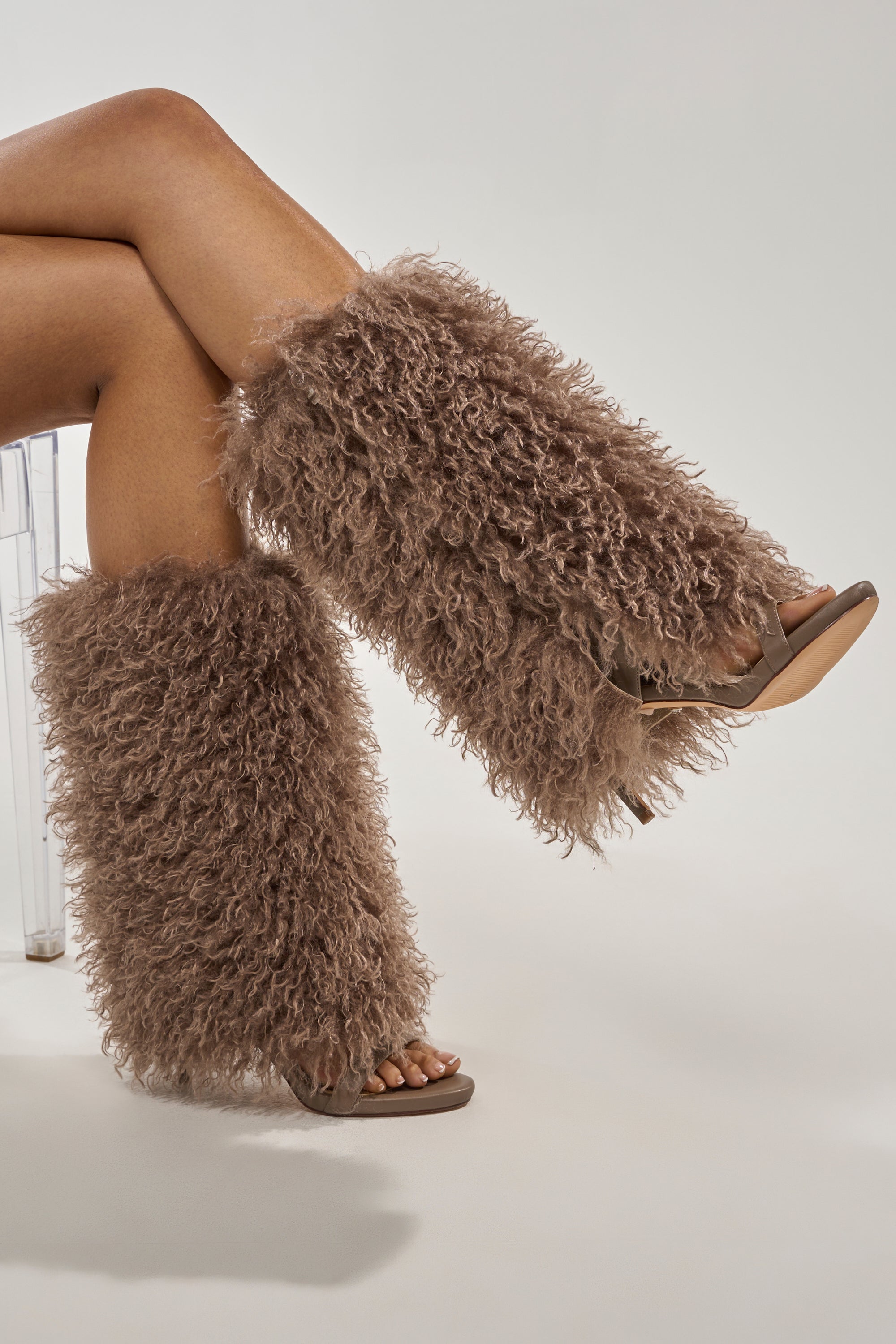 AZALEA WANG CLOUD NINE TAUPE FUR OPEN TOE BOOT