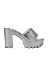 AKIRA COOLCAT SILVER CROC BLOCK HEEL MULE SANDAL