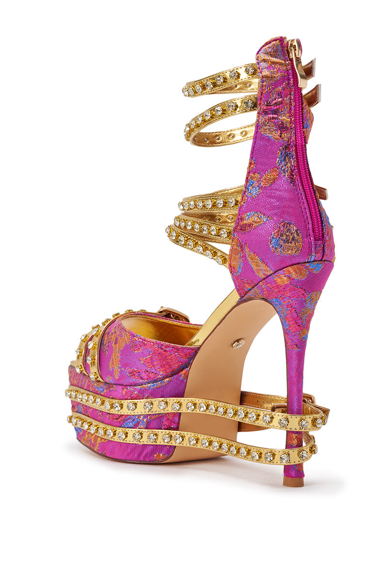 AKIRA CRUSHIN PINK MULTI BROCADE AND GOLD EMBELLISHED STILETTO SANDAL