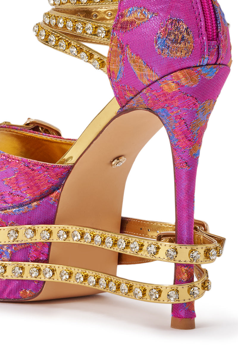 AKIRA CRUSHIN PINK MULTI BROCADE AND GOLD EMBELLISHED STILETTO SANDAL