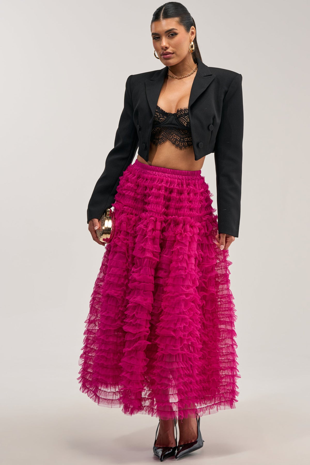 LOVE THE DRAMA MESH MAXI SKIRT IN FUCHSIA