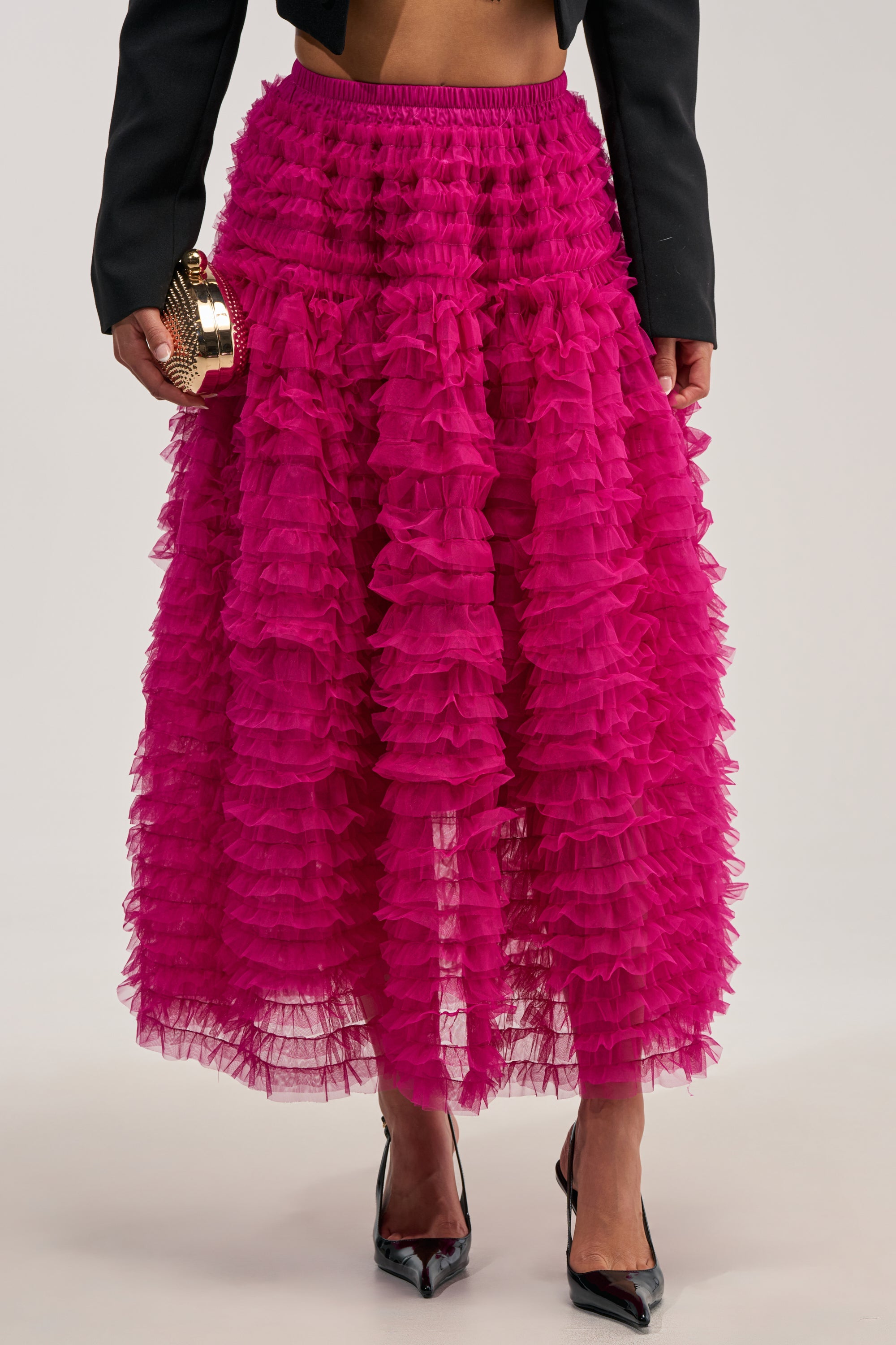 LOVE THE DRAMA MESH MAXI SKIRT IN FUCHSIA