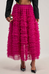 LOVE THE DRAMA MESH MAXI SKIRT IN FUCHSIA