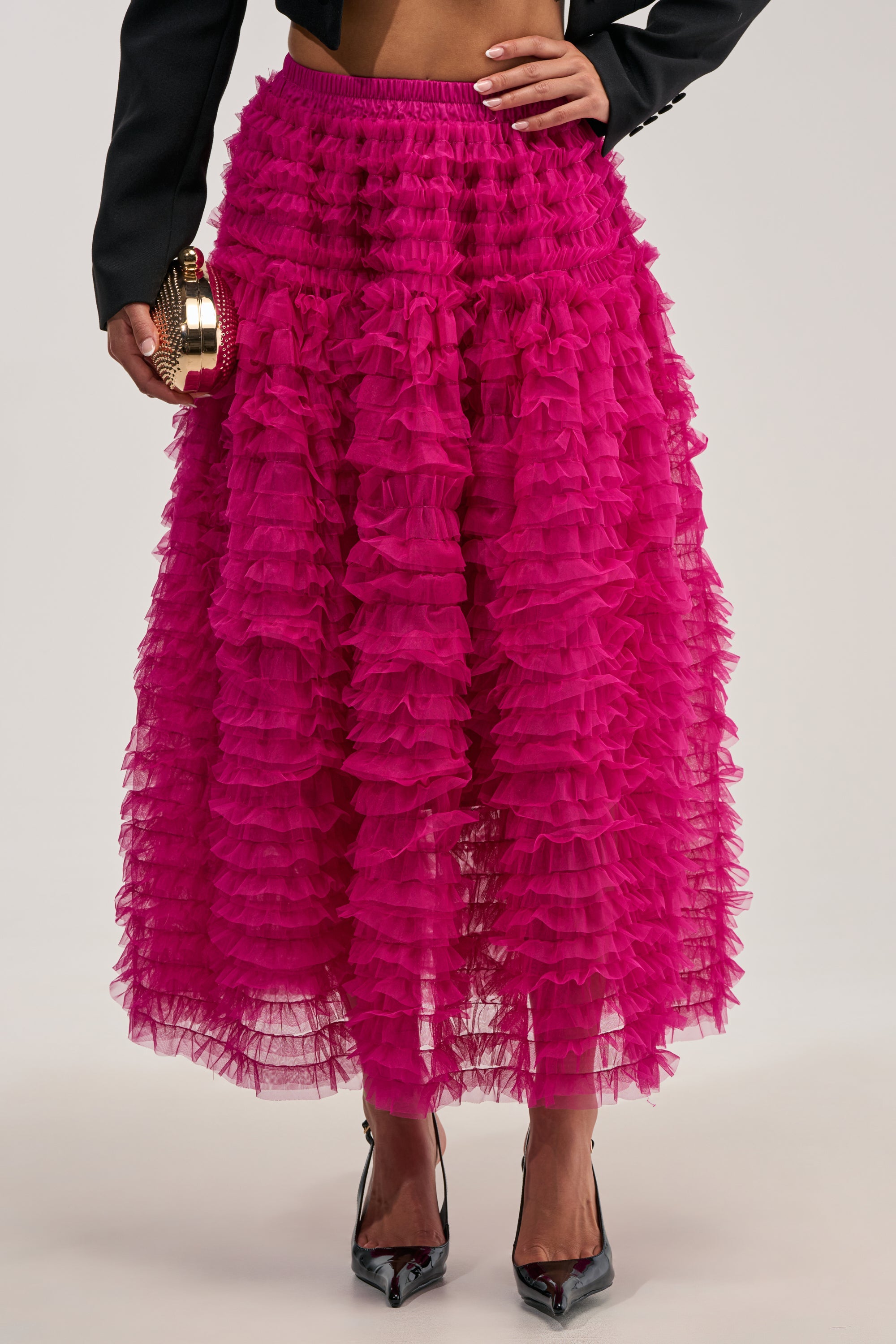 LOVE THE DRAMA MESH MAXI SKIRT IN FUCHSIA