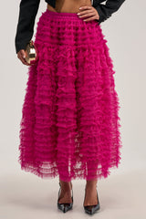 LOVE THE DRAMA MESH MAXI SKIRT IN FUCHSIA
