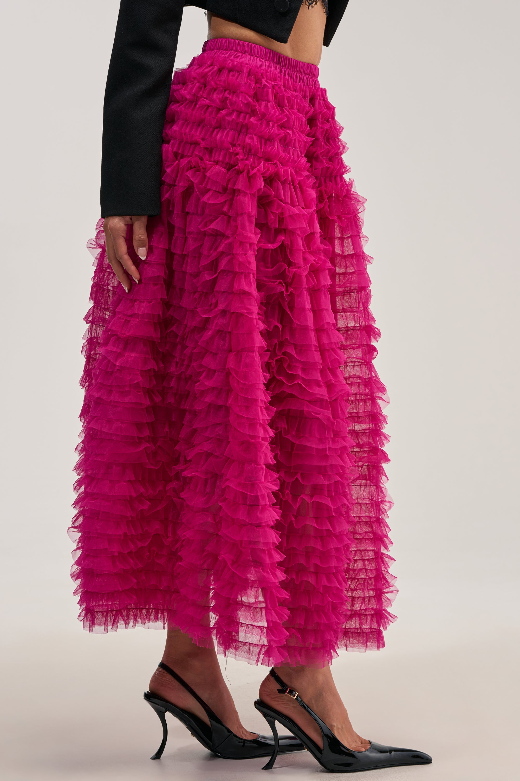 LOVE THE DRAMA MESH MAXI SKIRT IN FUCHSIA
