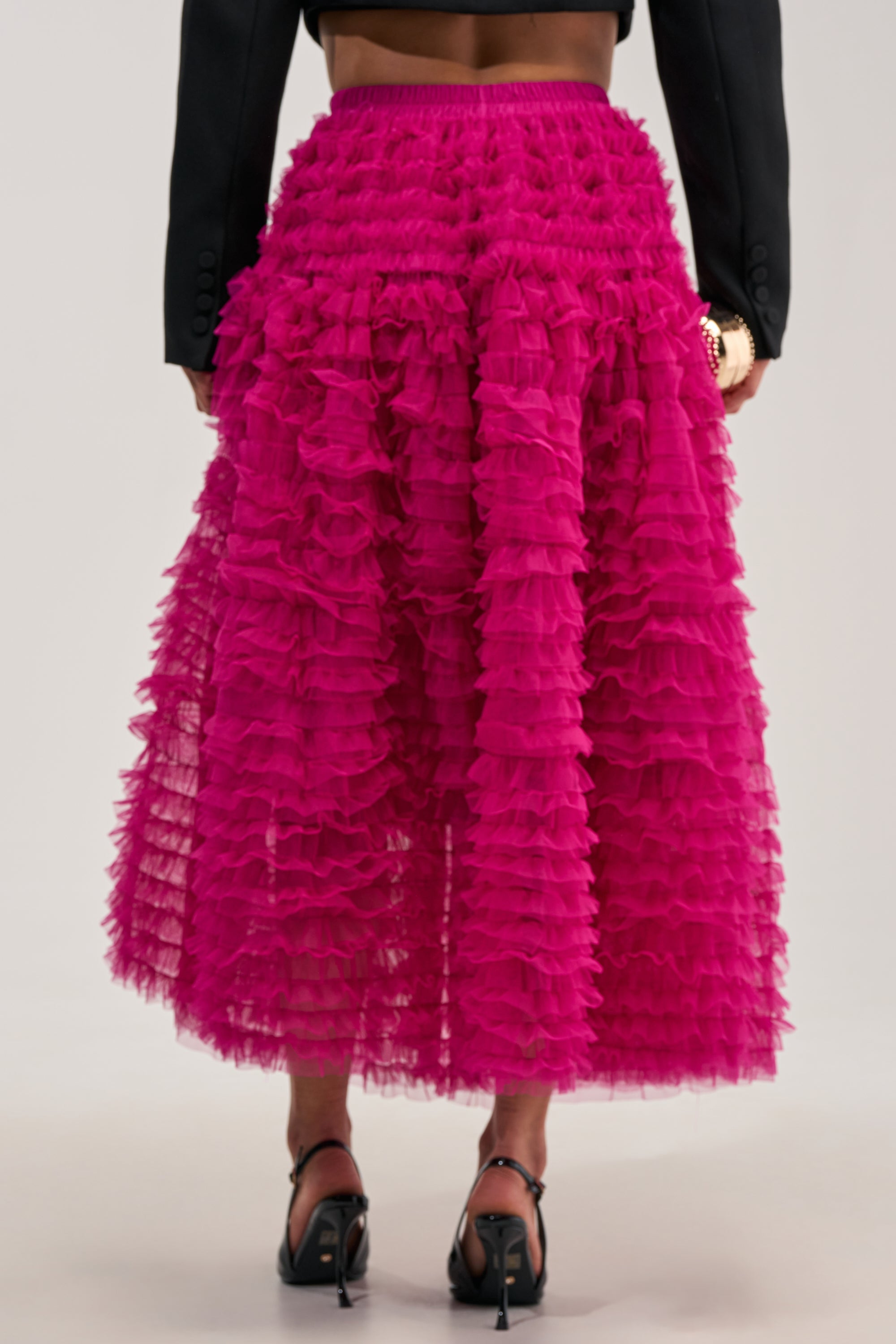 LOVE THE DRAMA MESH MAXI SKIRT IN FUCHSIA