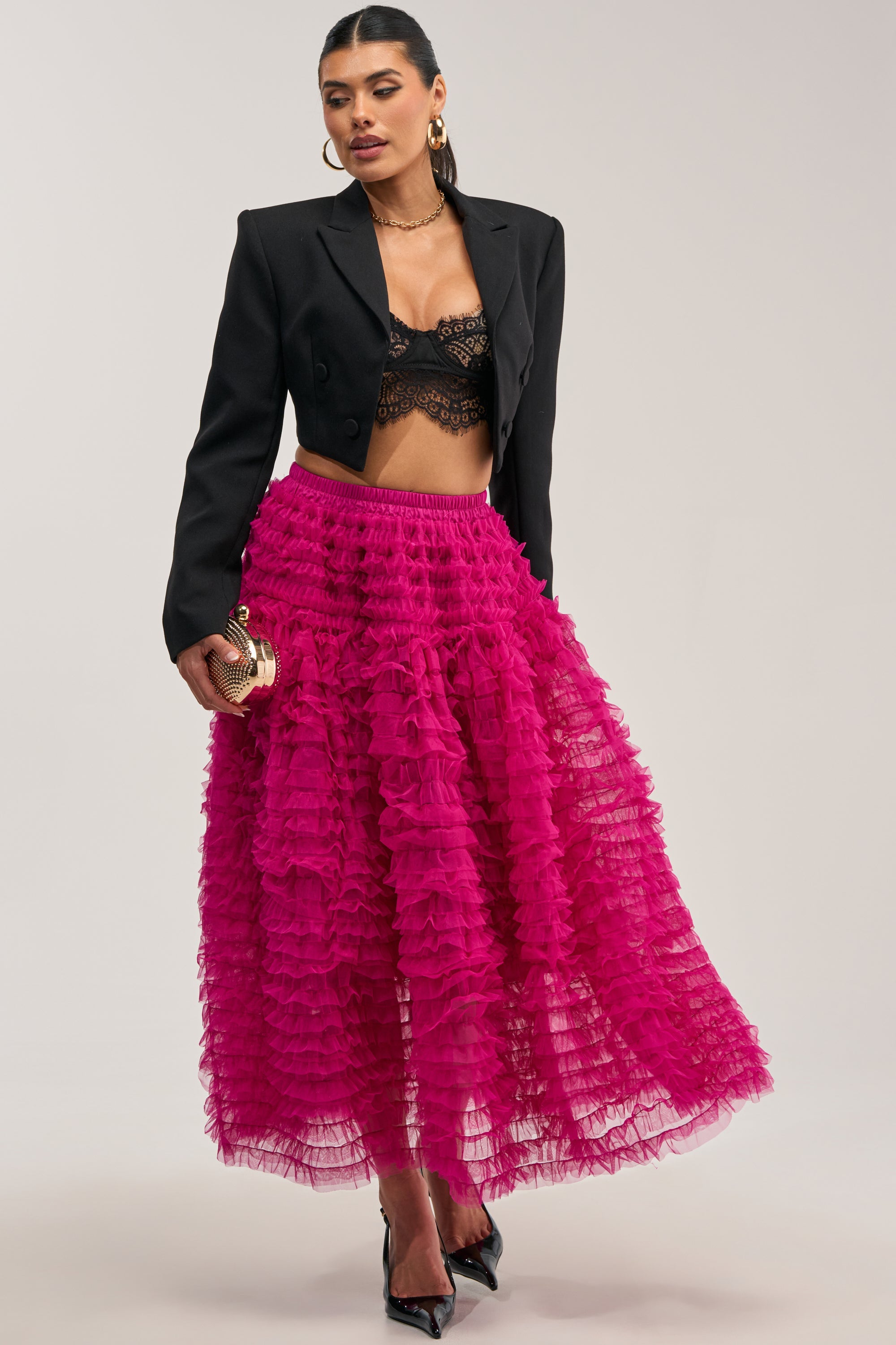 LOVE THE DRAMA MESH MAXI SKIRT IN FUCHSIA