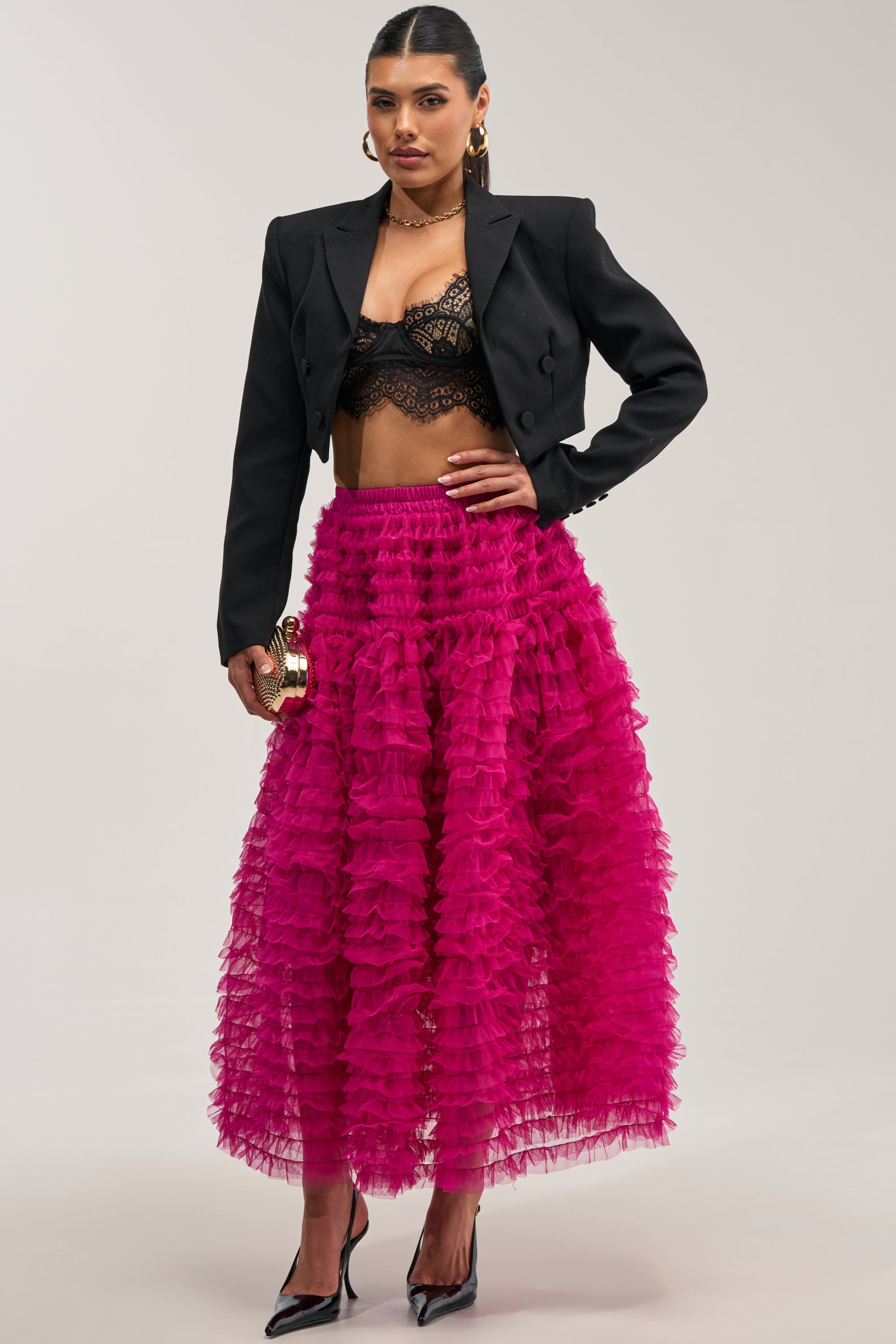 LOVE THE DRAMA MESH MAXI SKIRT IN FUCHSIA