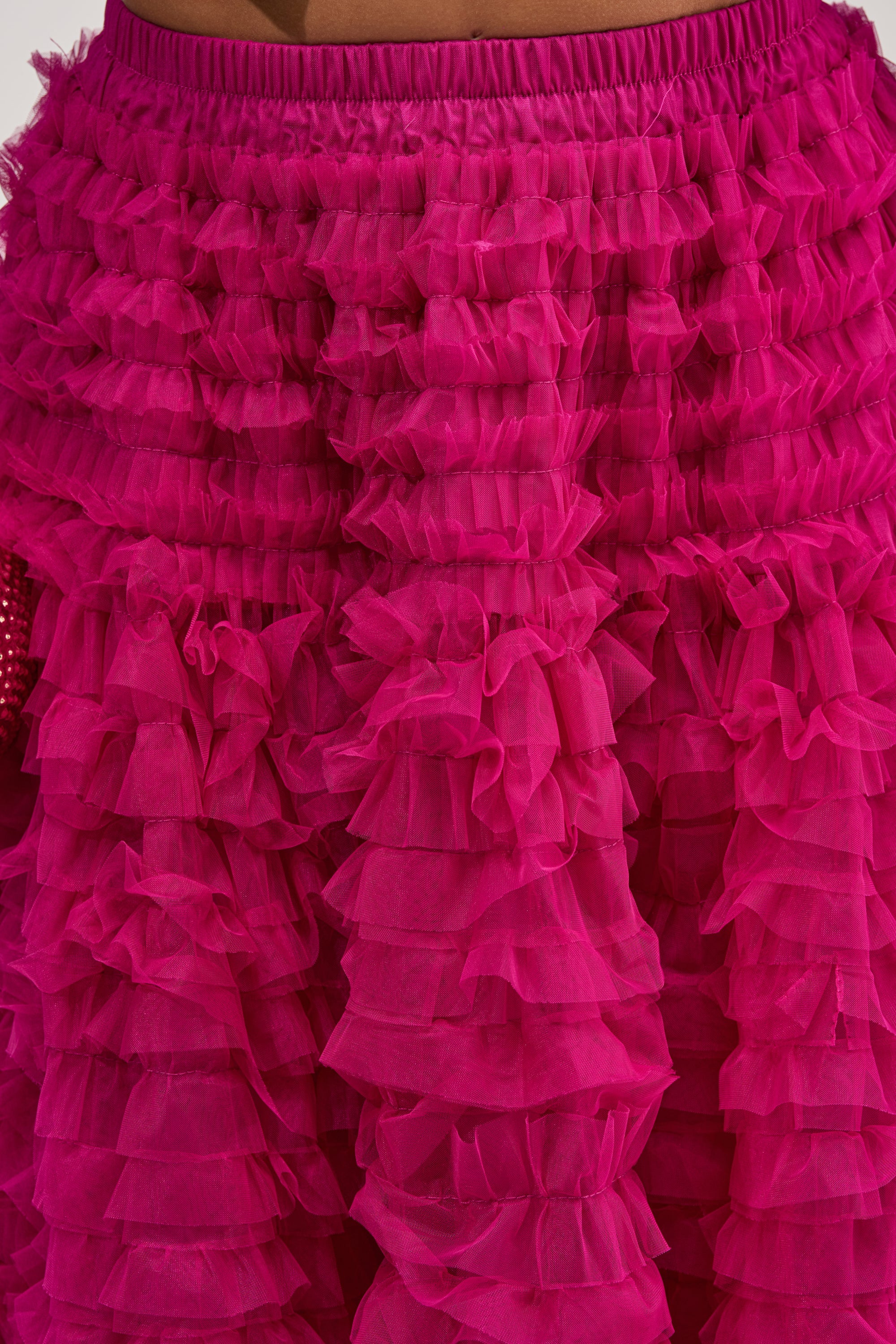 LOVE THE DRAMA MESH MAXI SKIRT IN FUCHSIA