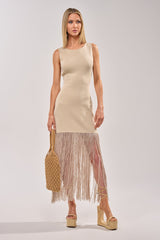 FLY AWAY KNIT MIDI DRESS WITH FRINGE