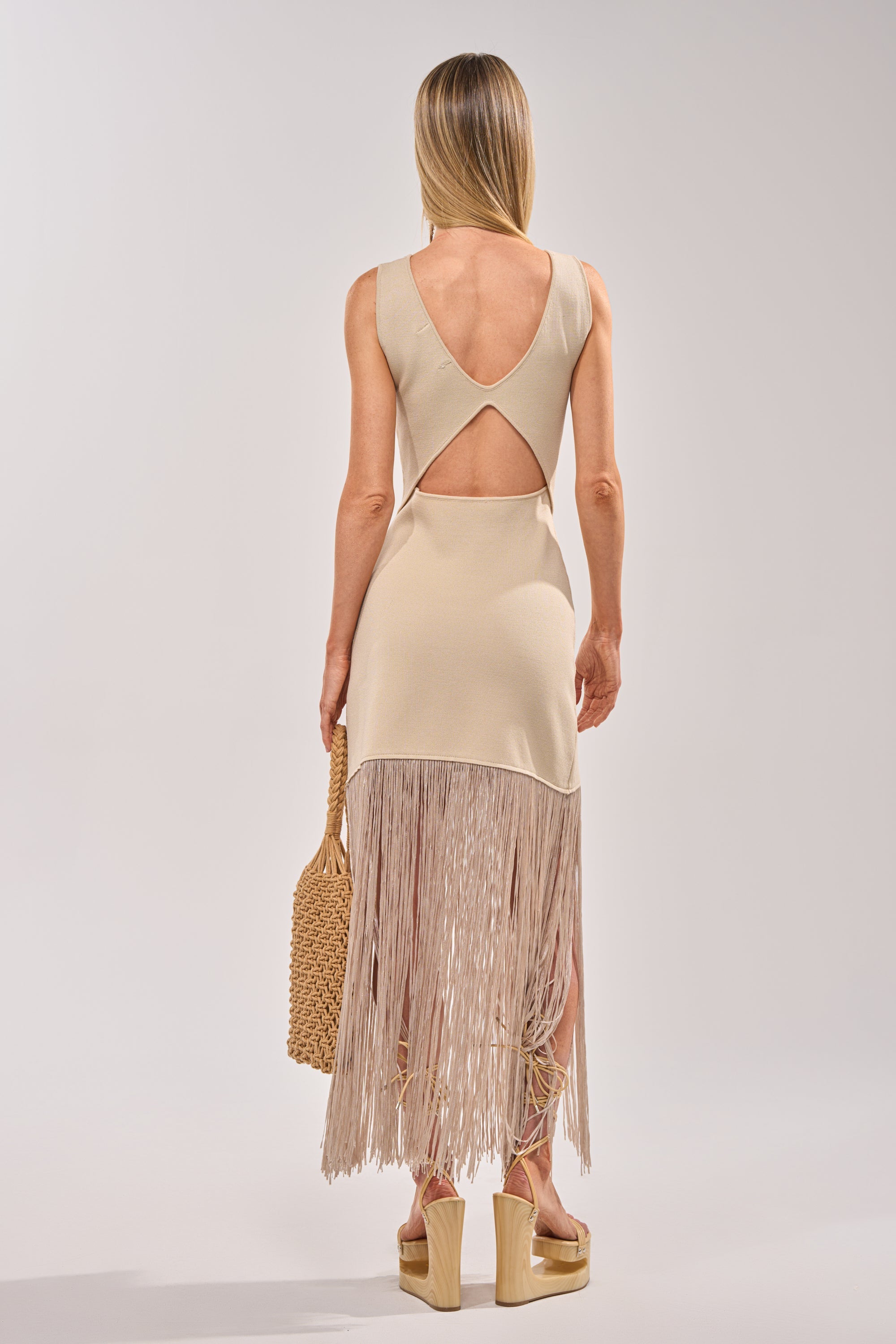 FLY AWAY KNIT MIDI DRESS WITH FRINGE