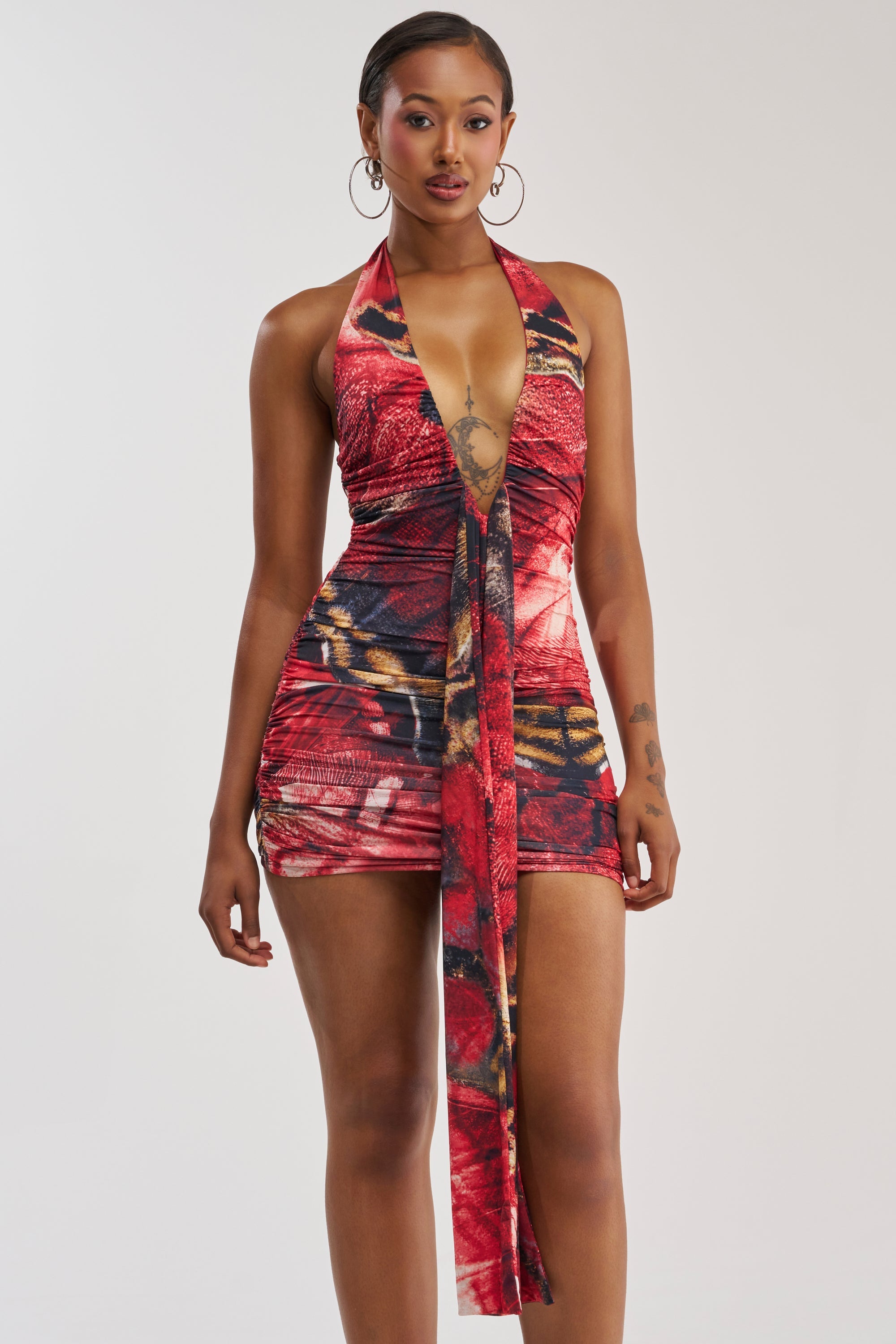 I DARE YOU PLUNGING MINI DRESS IN RED MULTI