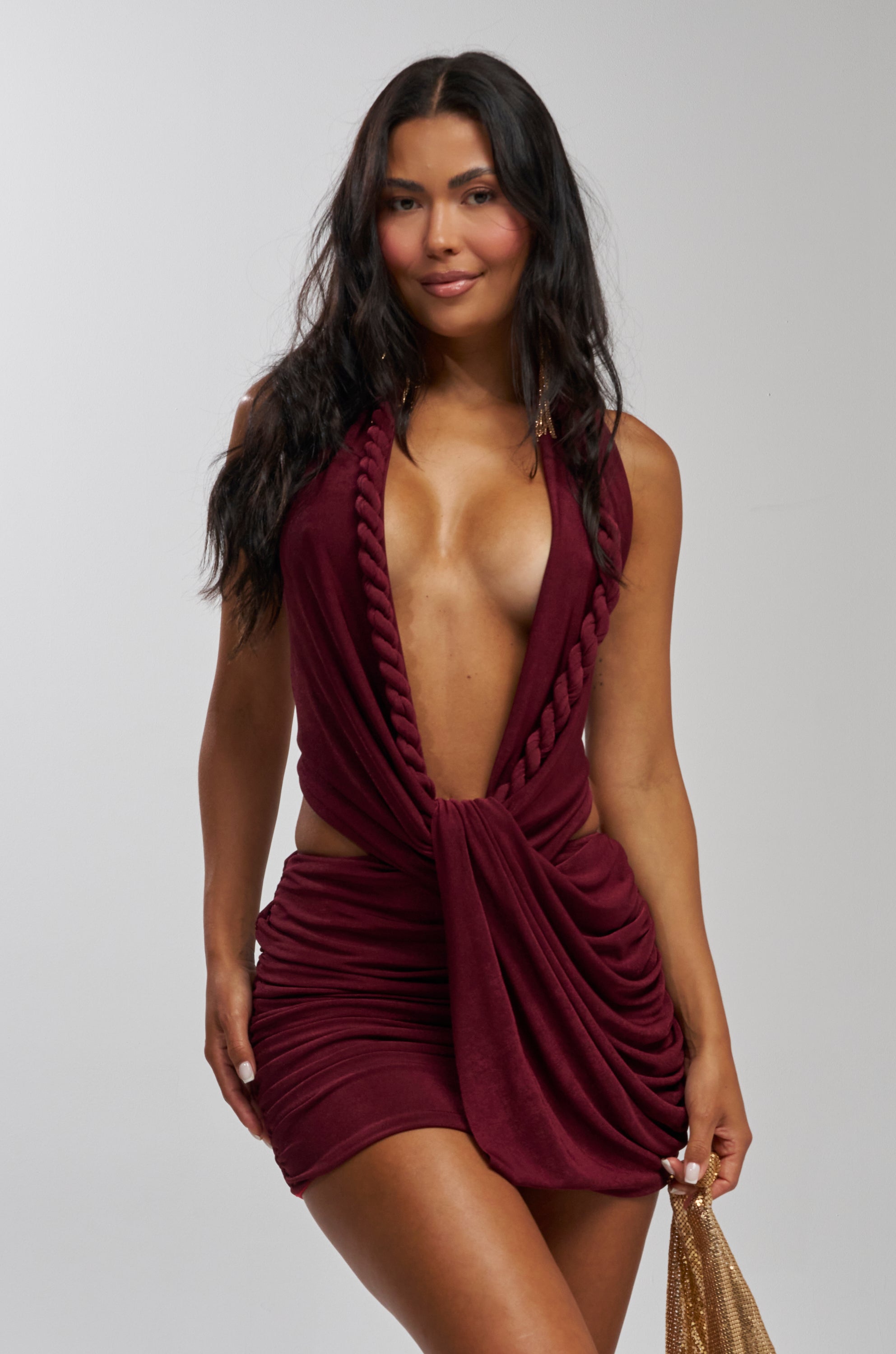 TIED TO YOU KNOTTED MINI DRESS IN BURGUNDY