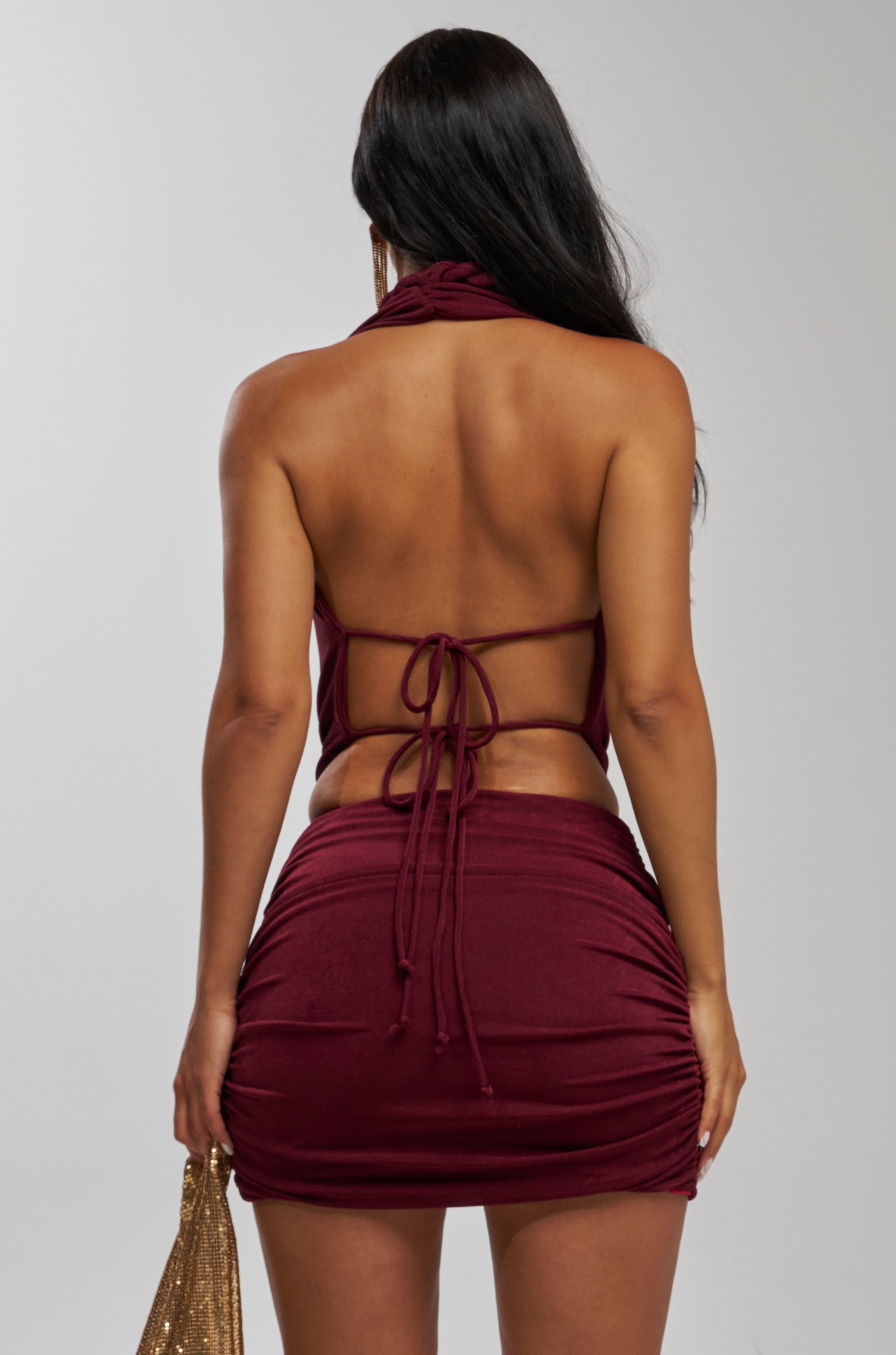 TIED TO YOU KNOTTED MINI DRESS IN BURGUNDY