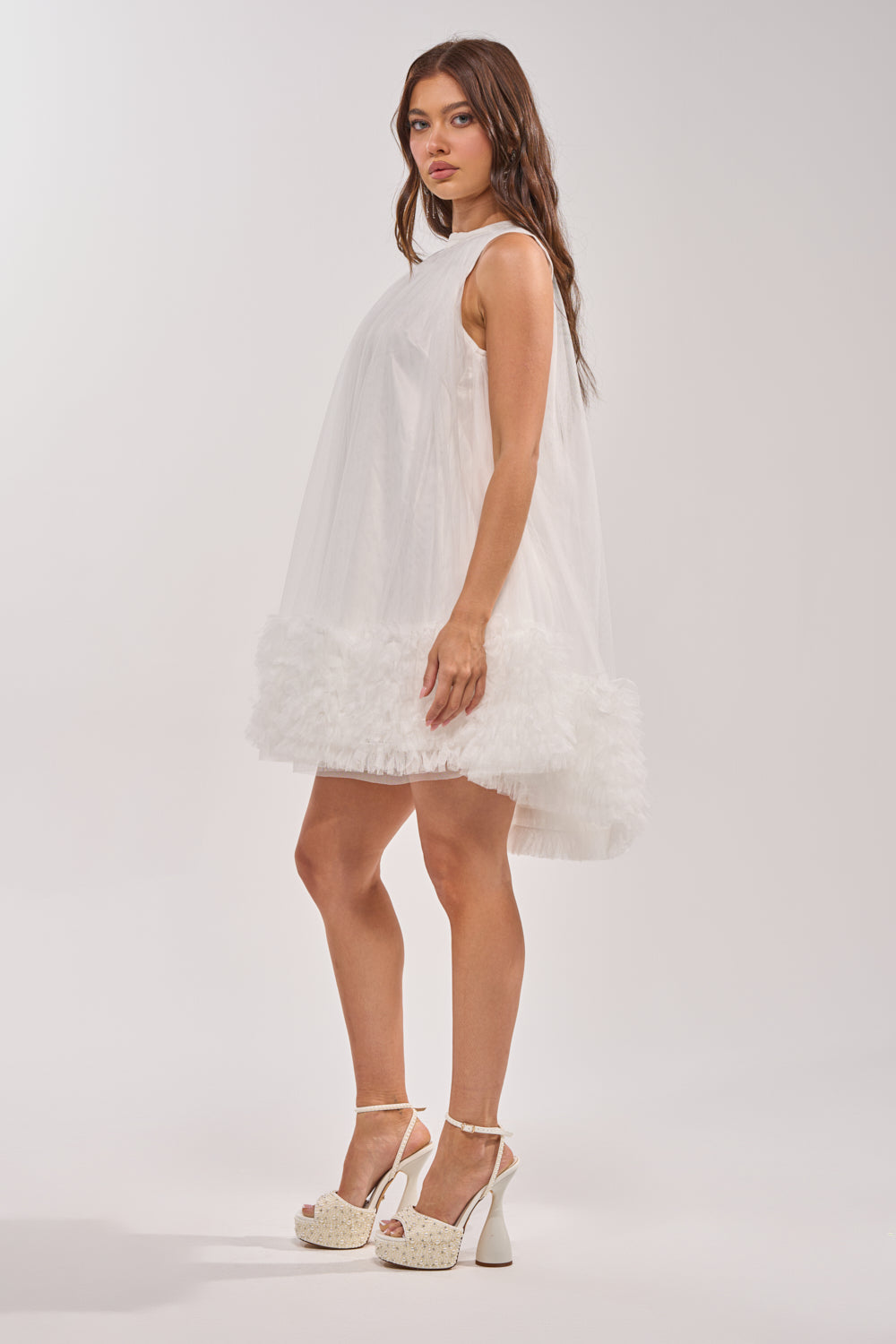 ARI TULLE RUFFLE MINI DRESS IN WHITE