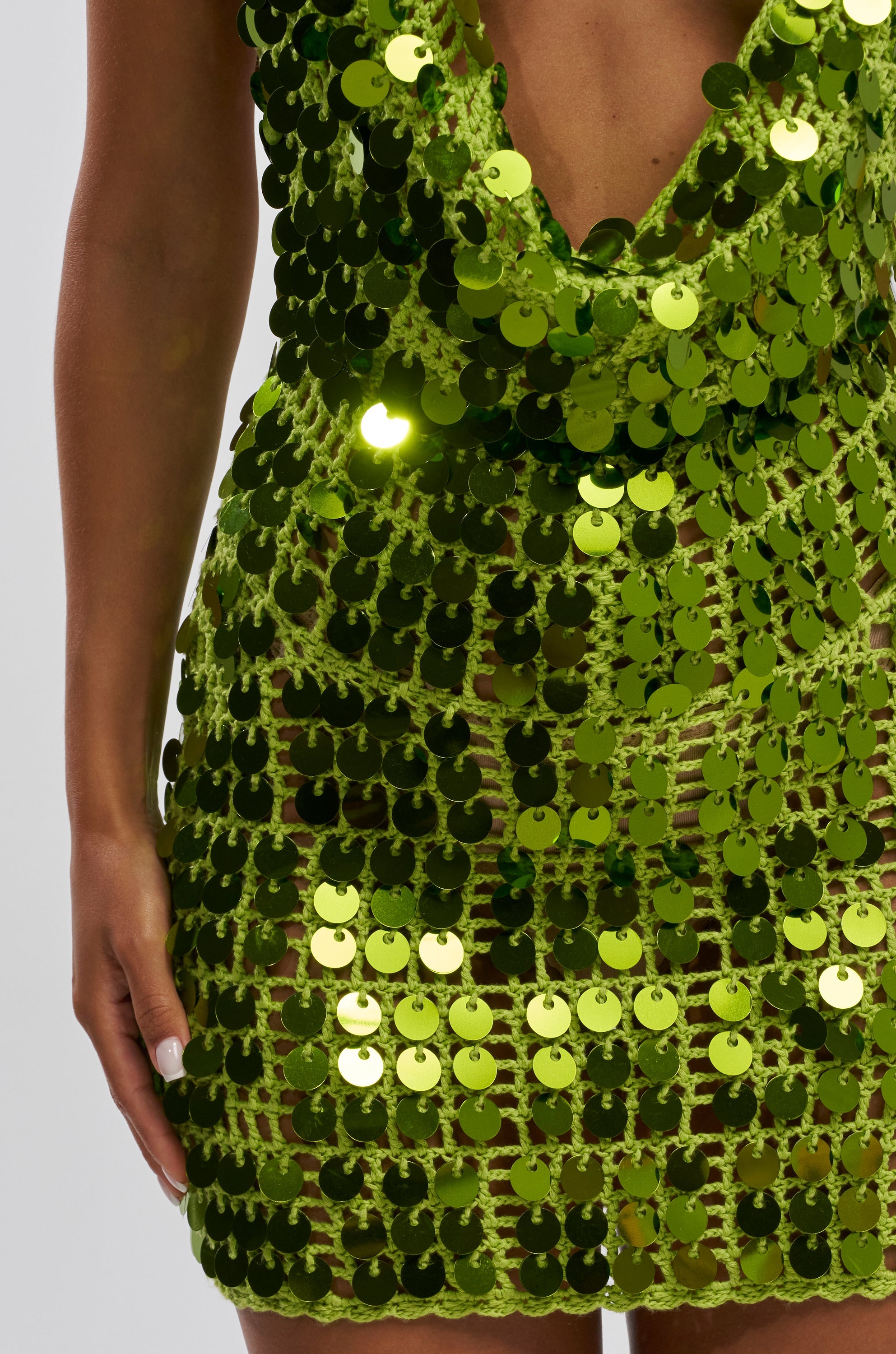 ARIEL SEQUIN CROCHET MINI DRESS IN GREEN