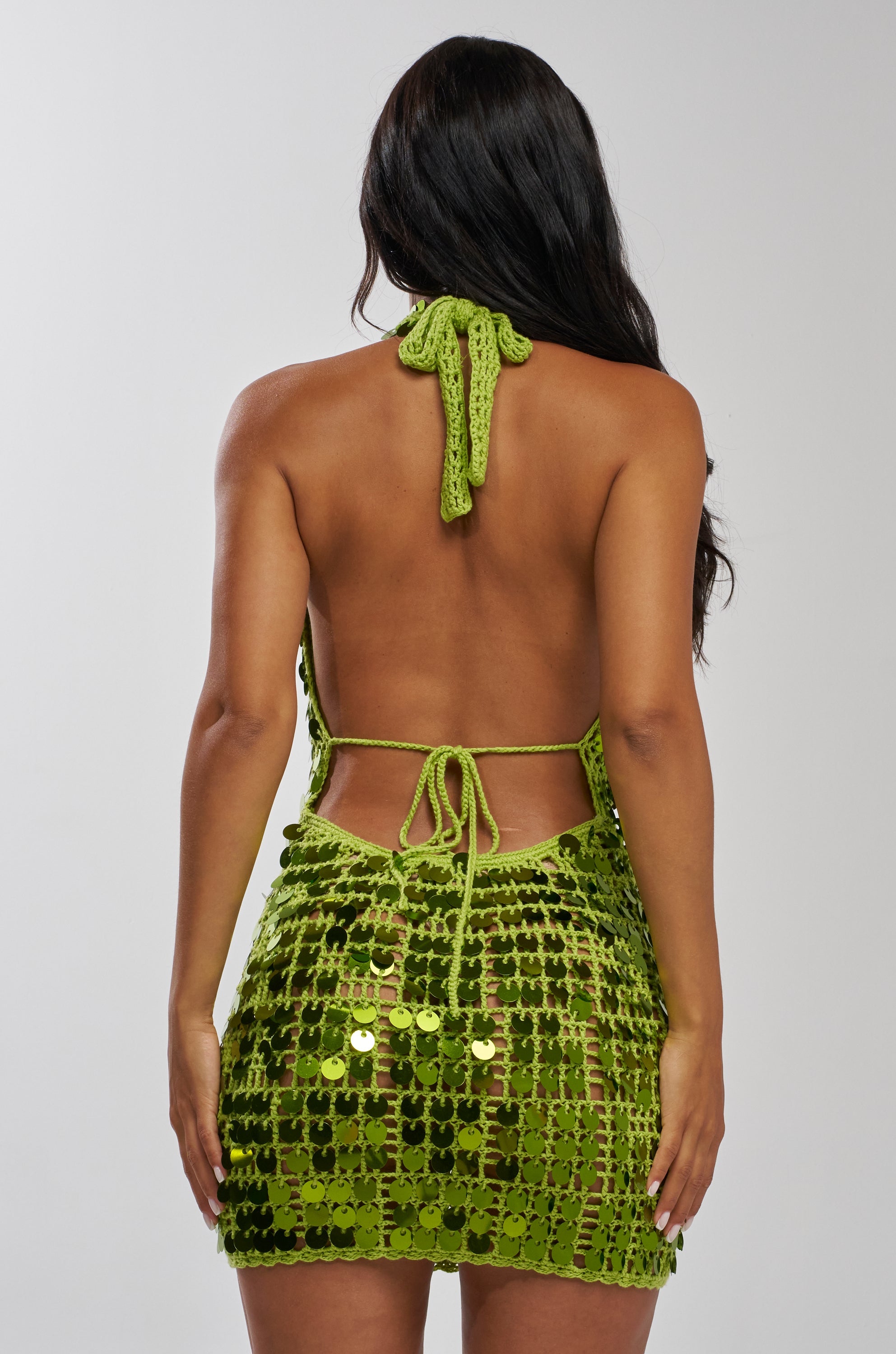 ARIEL SEQUIN CROCHET MINI DRESS IN GREEN