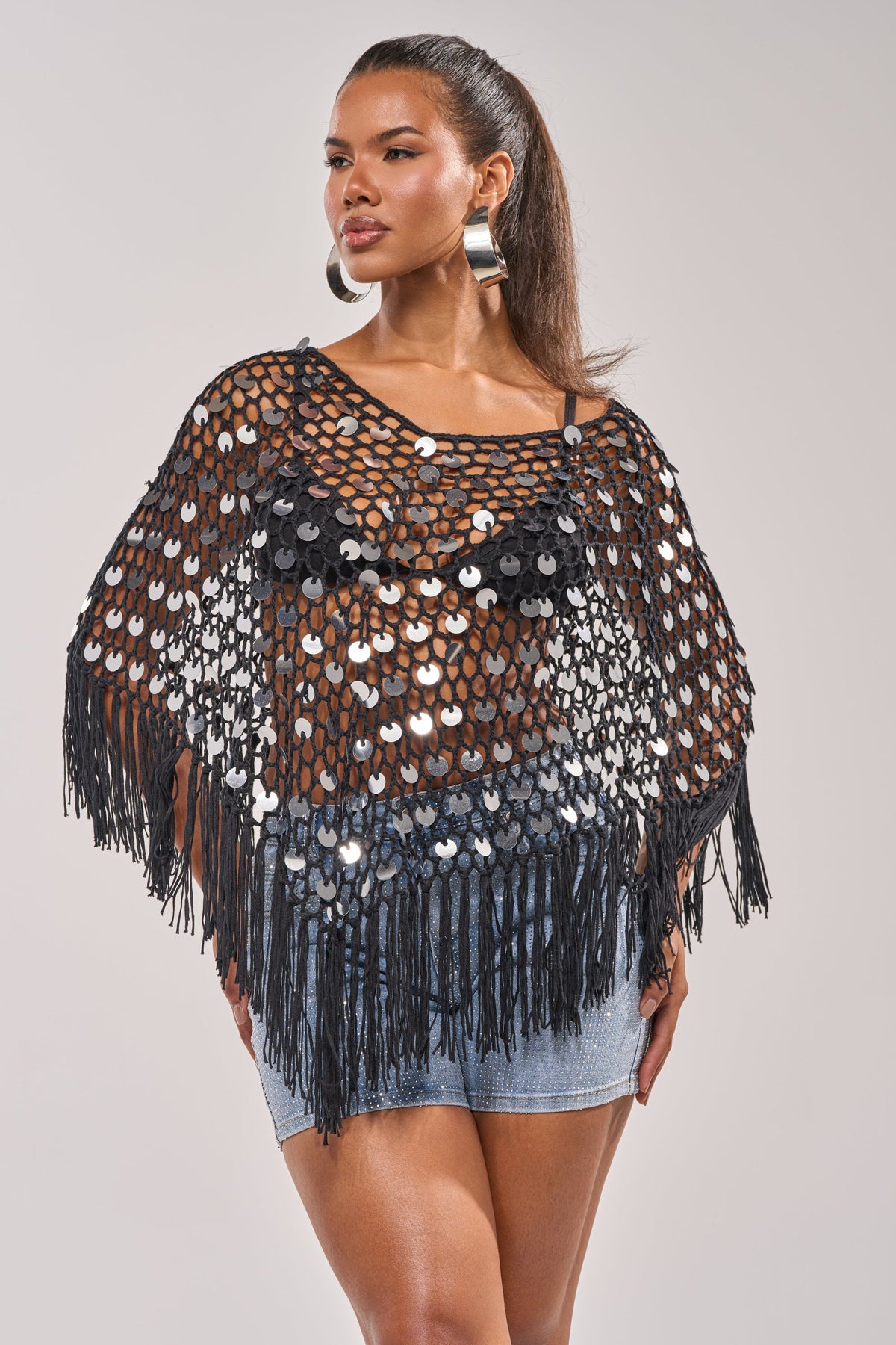 UNDER THE LIGHTS CROCHET SEQUIN PONCHO