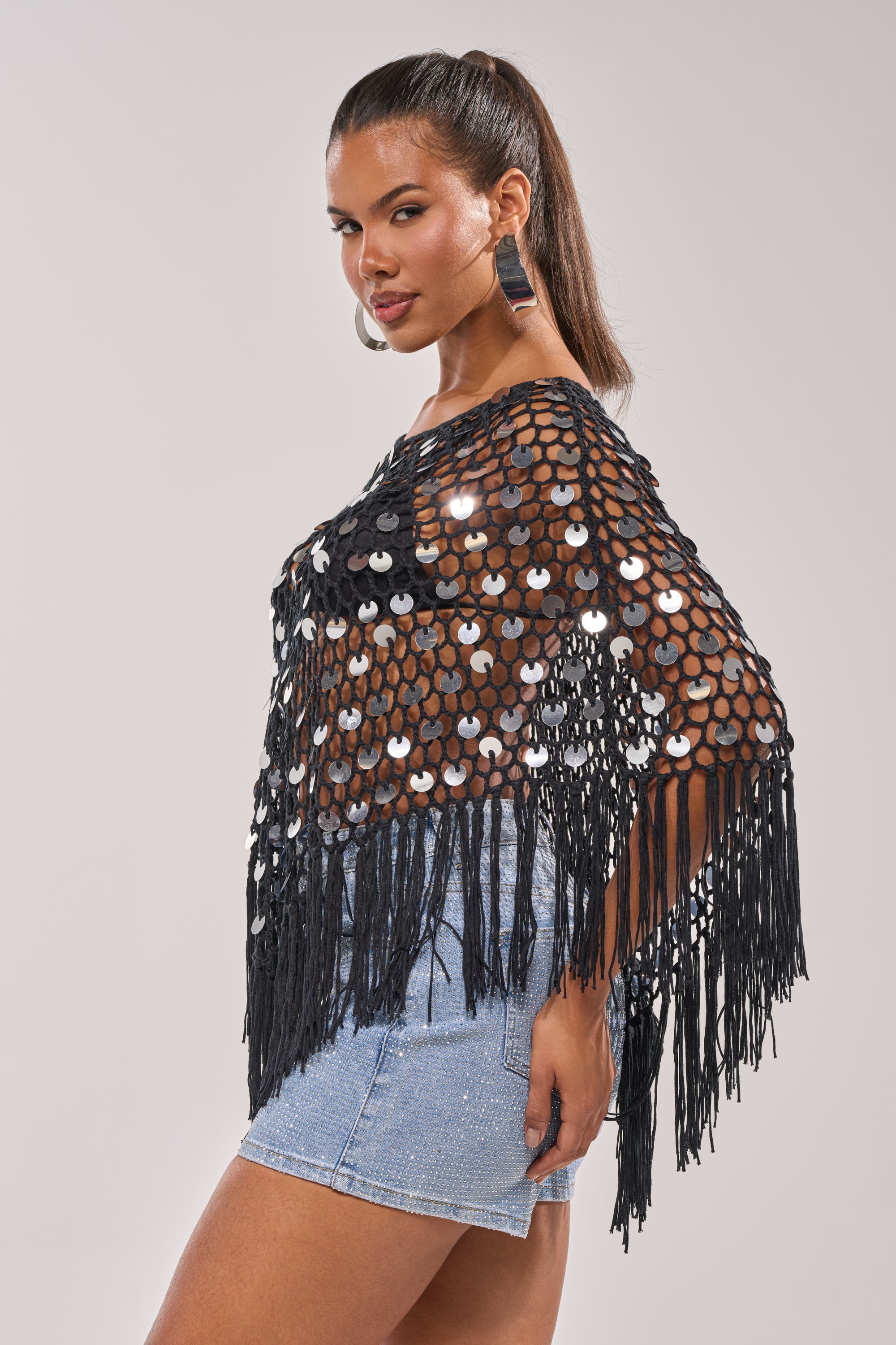 UNDER THE LIGHTS CROCHET SEQUIN PONCHO