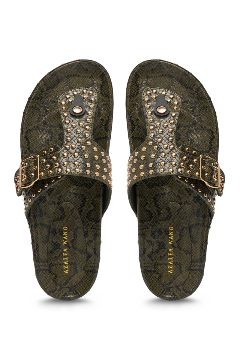 AZALEA WANG DAISY CHAIN GREEN SNAKE STUDDED FLAT SANDAL