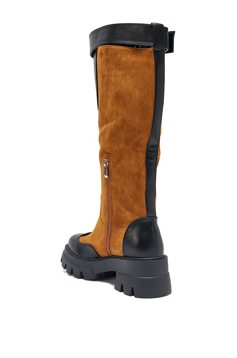 AZALEA WANG DALILA COLOR BLOCKED FLATFORM BOOT IN COGNAC