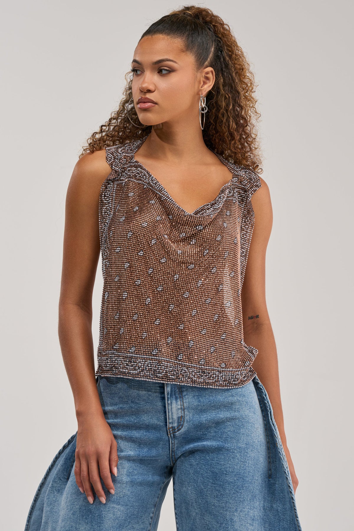 BRONZE BANDANA PRINT RHINESTONE TOP