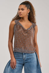 BRONZE BANDANA PRINT RHINESTONE TOP