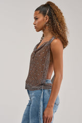 BRONZE BANDANA PRINT RHINESTONE TOP