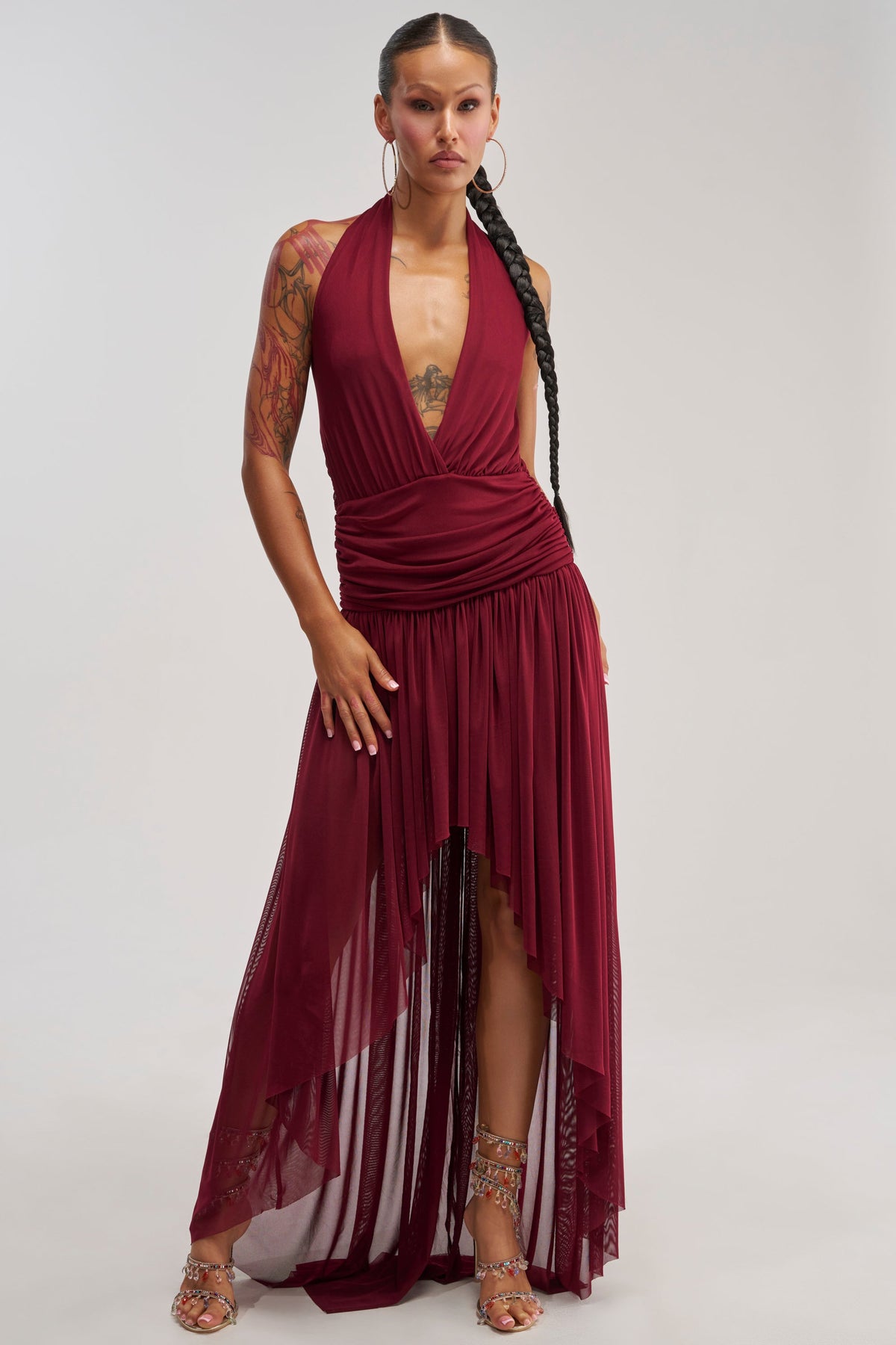 LIKE MY STYLE HIGH LOW MIDI DRESS IN BURGUNDY