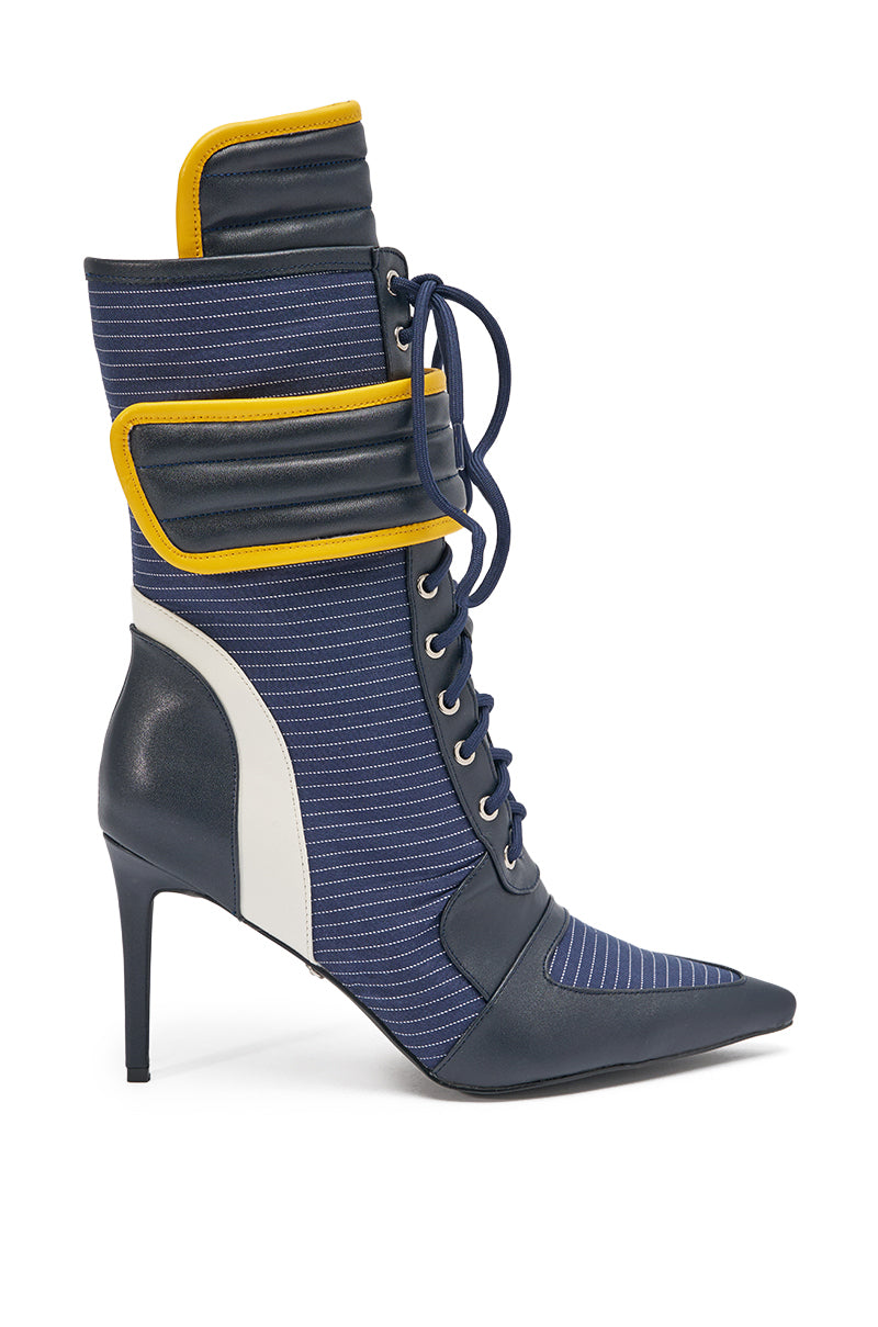 AKIRA GOLD DEMAND NAVY STILETTO BOOTIE