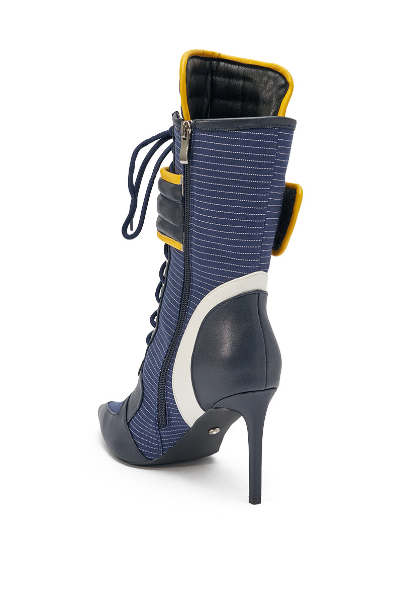 AKIRA GOLD DEMAND NAVY STILETTO BOOTIE