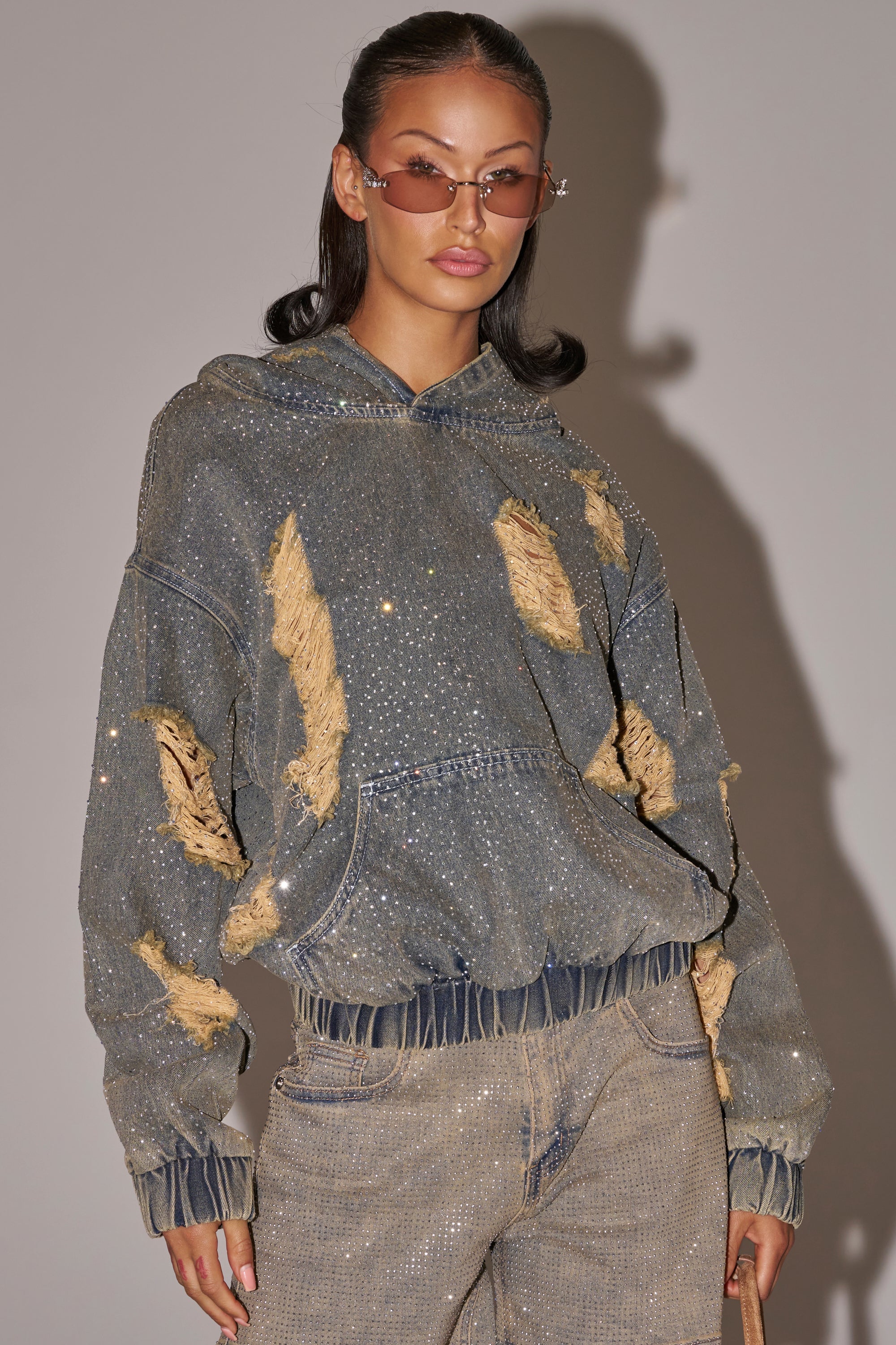 DEMI RHINESTONE DENIM HOODIE