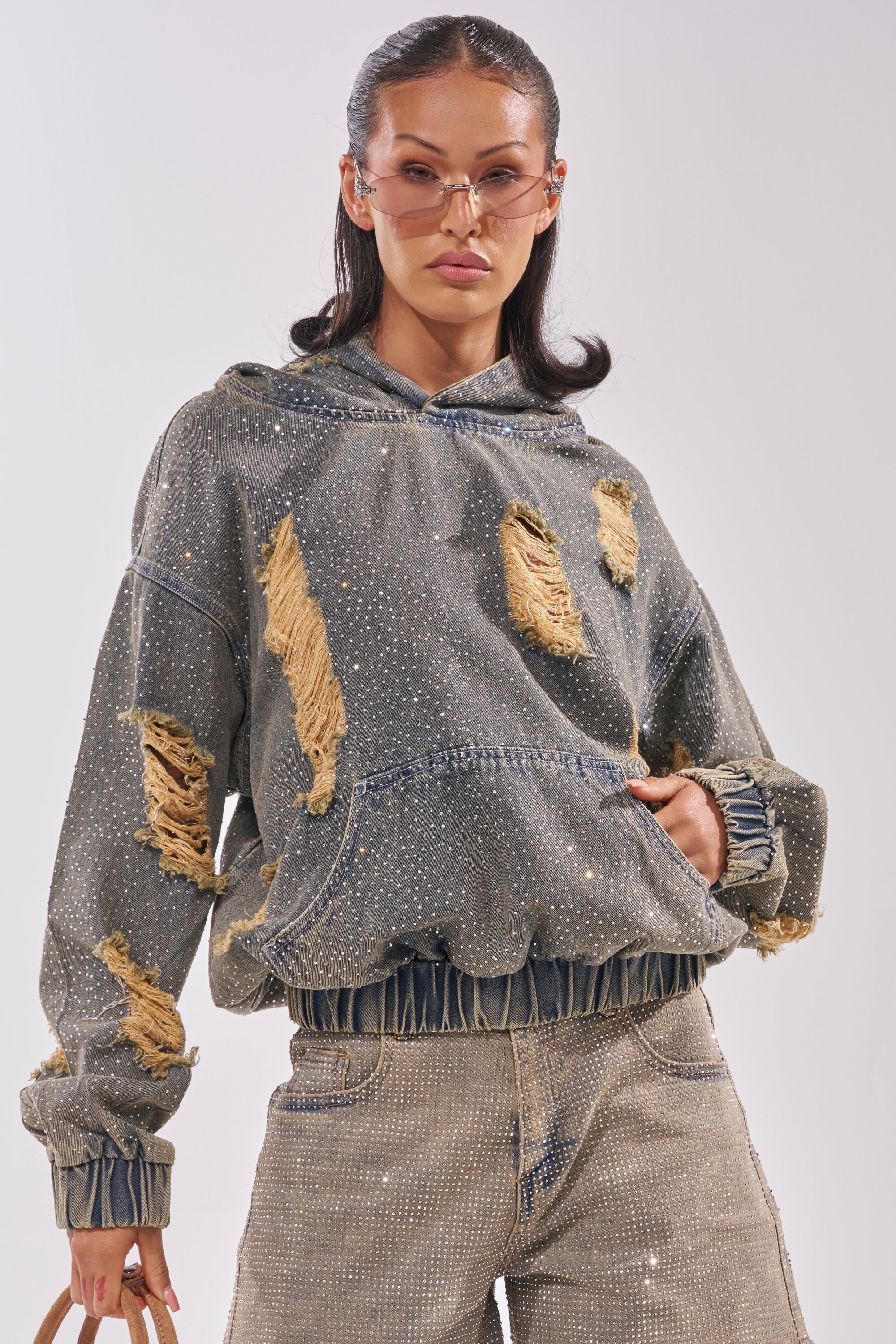 DEMI RHINESTONE DENIM HOODIE