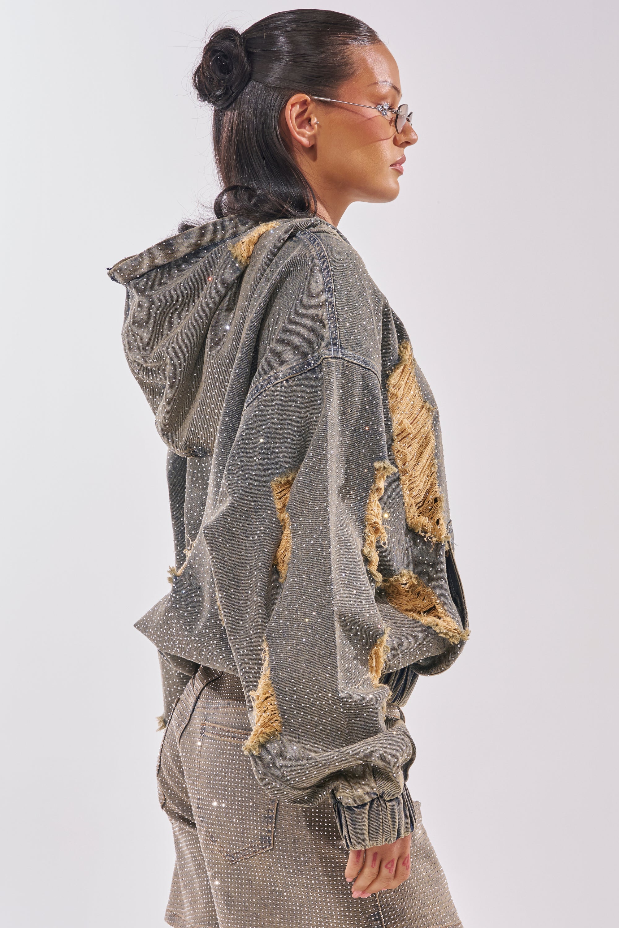 DEMI RHINESTONE DENIM HOODIE