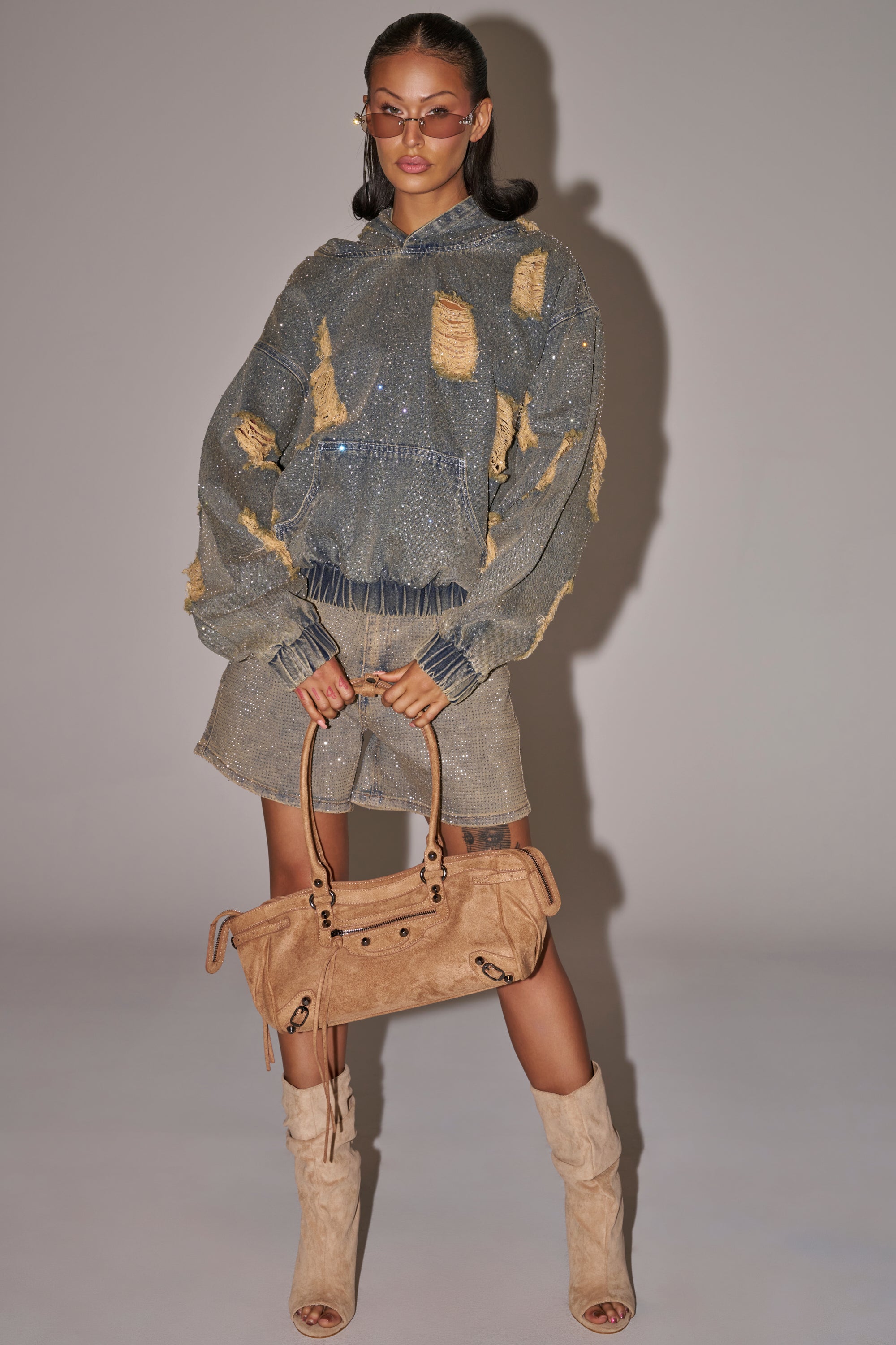 DEMI RHINESTONE DENIM HOODIE
