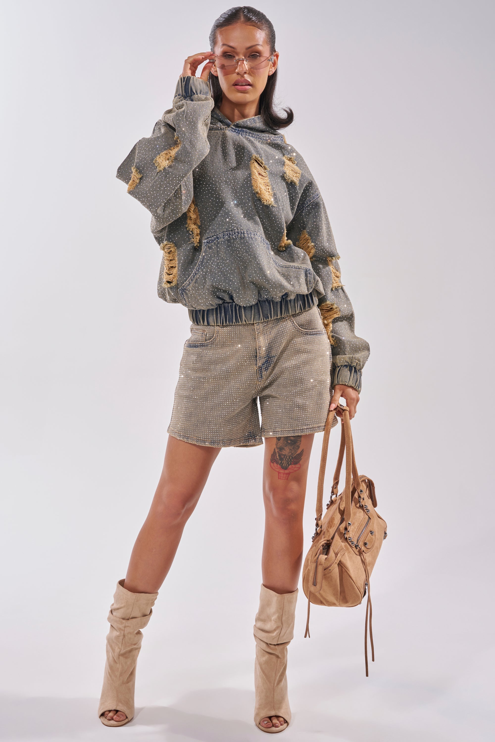 DEMI RHINESTONE DENIM HOODIE