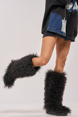 AZALEA WANG DENTON BLACK KNEE HIGH FLAT FUR BOOT
