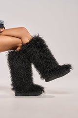 AZALEA WANG DENTON BLACK KNEE HIGH FLAT FUR BOOT