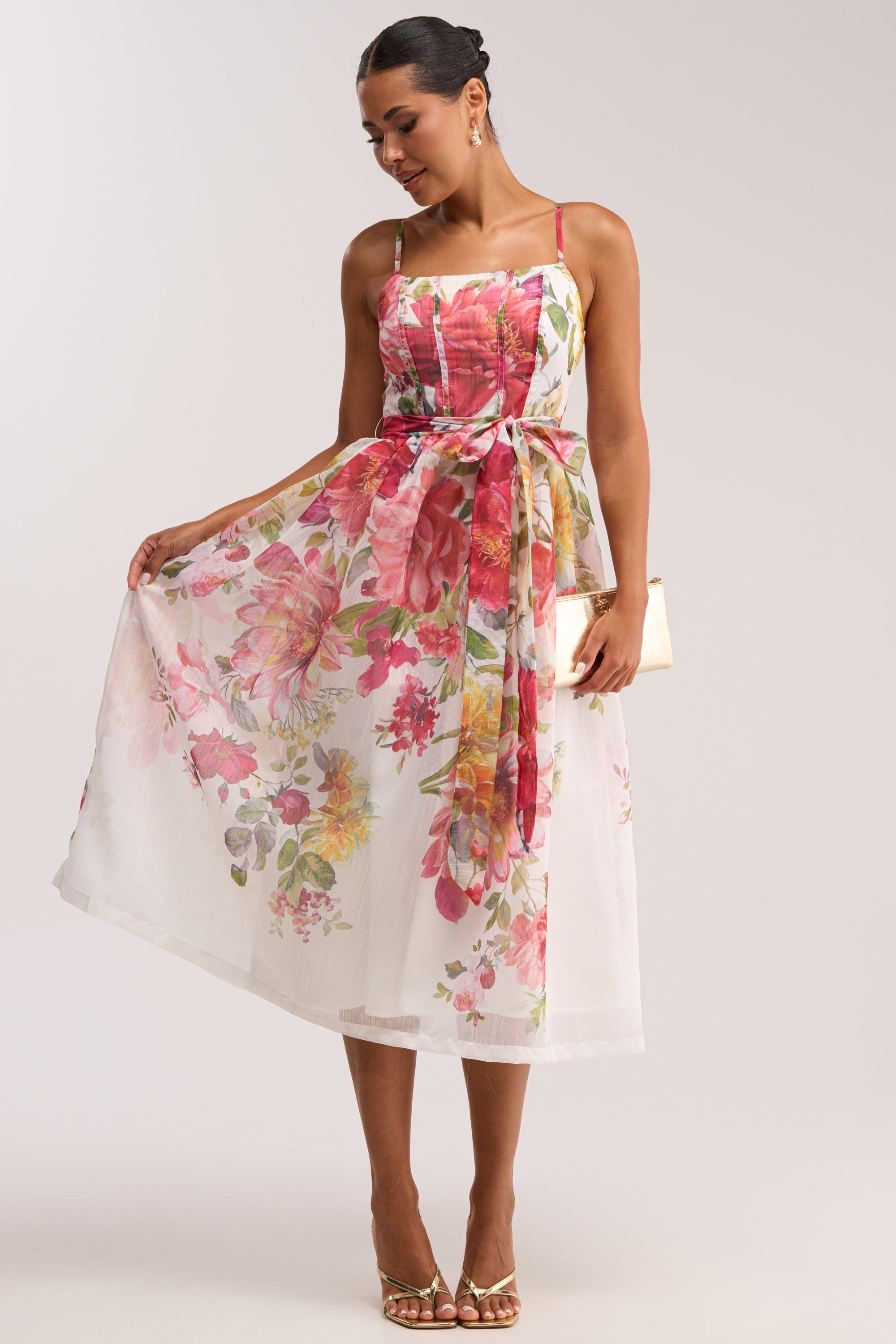 GARDEN PARTY FLORAL CHIFFON MIDI DRESS
