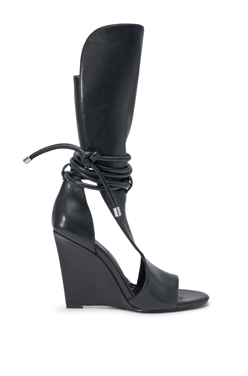 AZALEA WANG DOUMA BLACK WEDGE LACE UP TALL SHAFT SANDAL