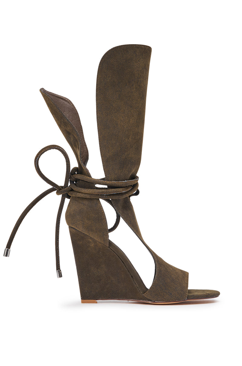 AZALEA WANG DOUMA BROWN VELVET WEDGE LACE UP TALL SHAFT SANDAL
