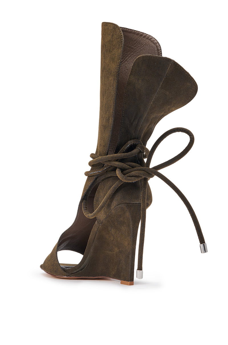 AZALEA WANG DOUMA BROWN VELVET WEDGE LACE UP TALL SHAFT SANDAL