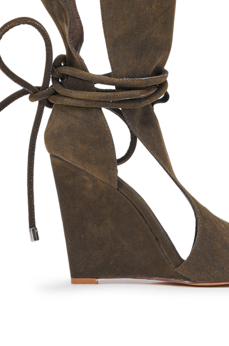 AZALEA WANG DOUMA BROWN VELVET WEDGE LACE UP TALL SHAFT SANDAL
