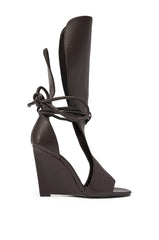 AZALEA WANG DOUMA CHOCOLATE WEDGE LACE UP TALL SHAFT SANDAL